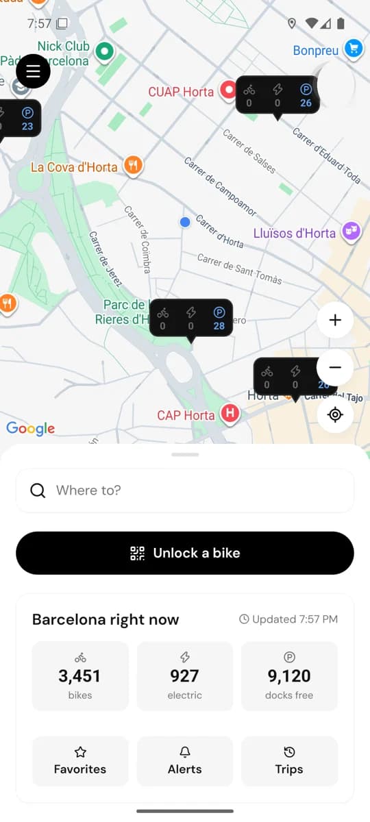 Bicing Plus home screen: a live map of stations, an Unlock a bike button and Barcelona right now stats