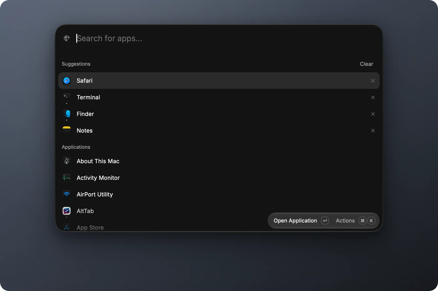Magnetite's search window: suggestions and the app list on Liquid Glass