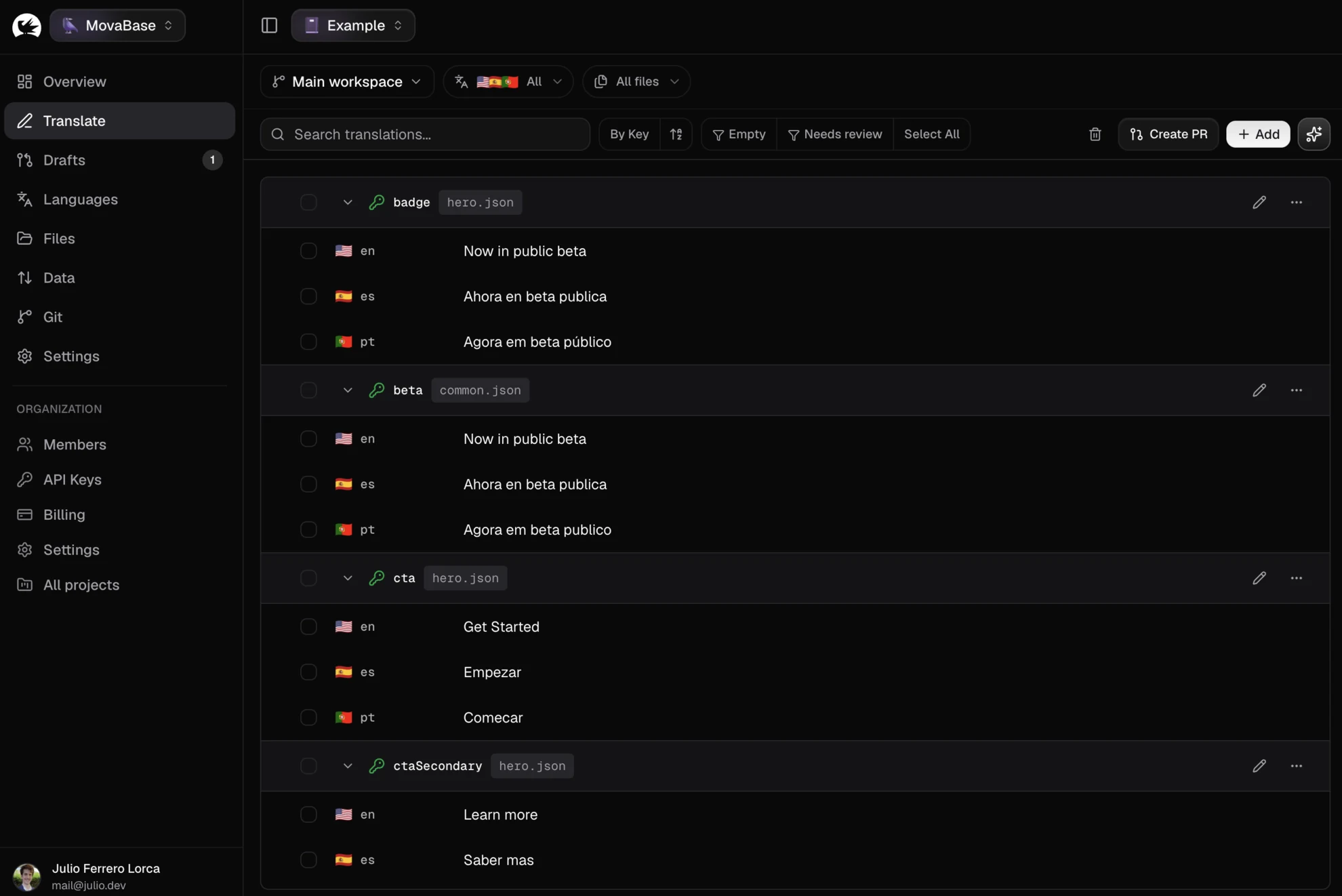 The Movabase dashboard: translation keys from hero.json with their English, Spanish and Portuguese strings